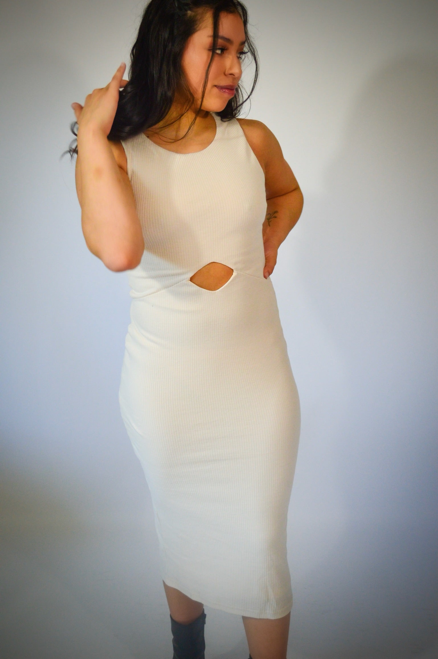 Basic Beige Knit Rib Cutout Midi Bodycon Dress Medium Basic Beige Knit Rib Cutout Midi Bodycon Dress Medium